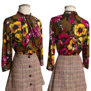 60s vintage abstract floral blouse 3/4 sleeve twisted collar short Kay Silver.